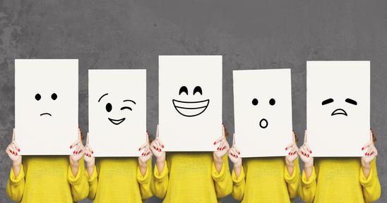 Five Girls Covering Face With White Boards Set Of Painted Emotions 