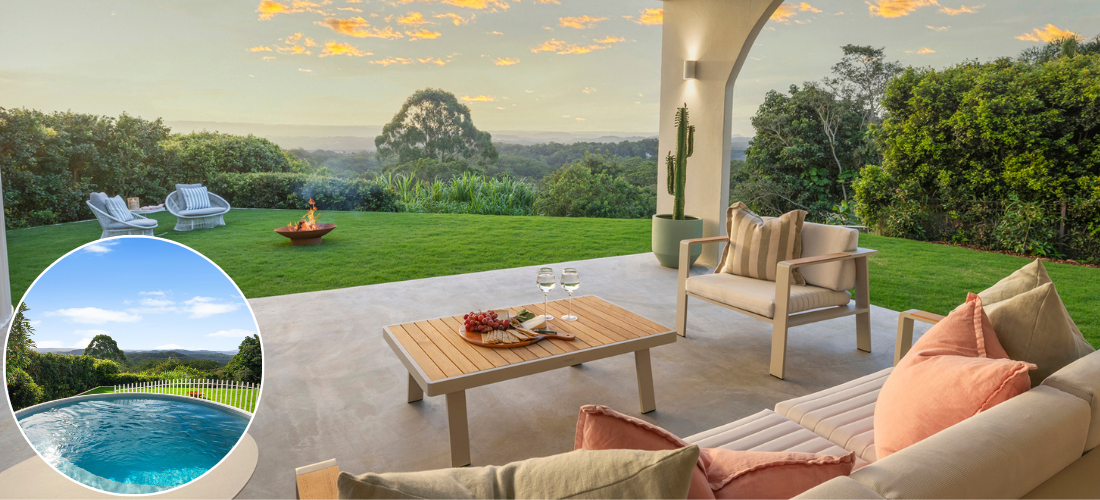 View of the Sunshine Coast hinterland at dusk from the alfresco of our Buderim Prize Home. There is an image of the pool on the left hand side as well.