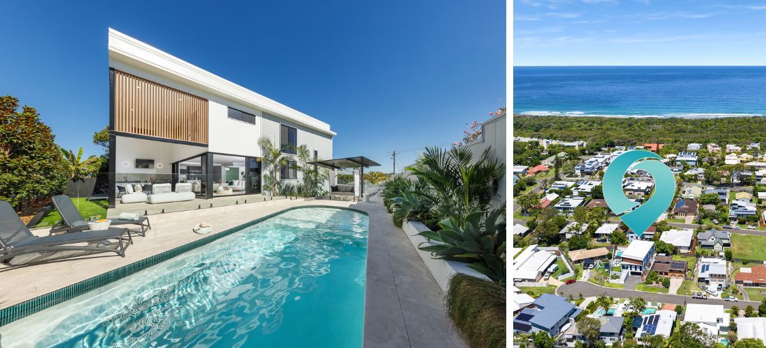 Coolum Beach Prize Home pool and aerial shot of location