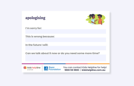 worksheet page for apologising and saying sorry