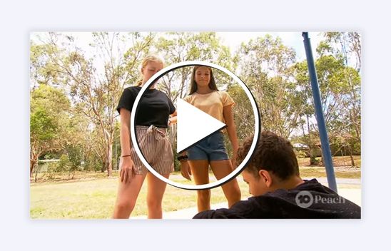 2 girls standing with 1 boy sitting with play button in front.