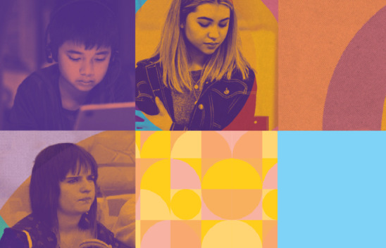 Kids Helpline Banner showing different textural backgrounds, and 3 images of young people with troubled looks on their faces