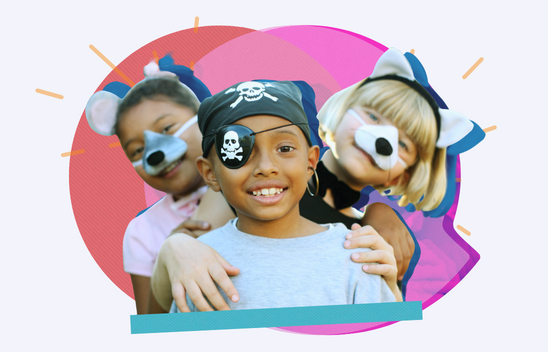 three young children in a pirate, mouse and cat dress up in front of pink and red speech bubbles