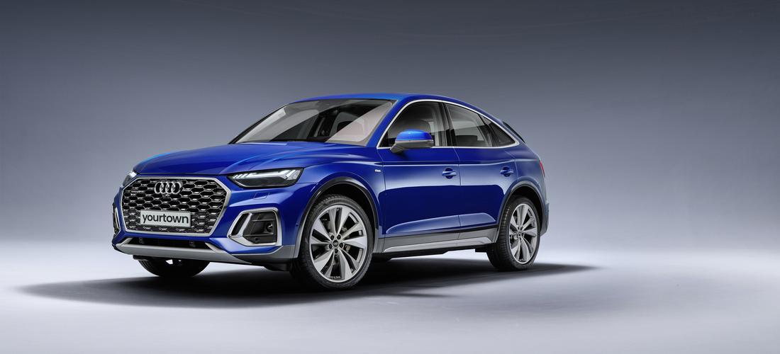 External view of blue Audi Q5 Sportback from front left angle.