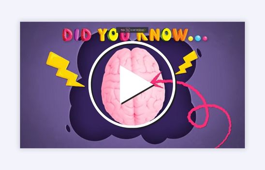 Curvy red arrow pointing to a brain with a play button in front.